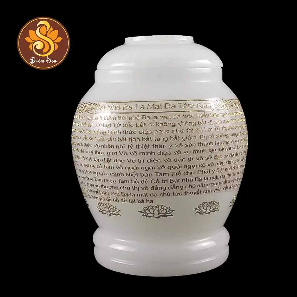 HŨ CỐT ĐÁ BẦU BÁT NHÃ TÂM KINH HOA SEN NẮP CHỮ VẠN - TRẮNG