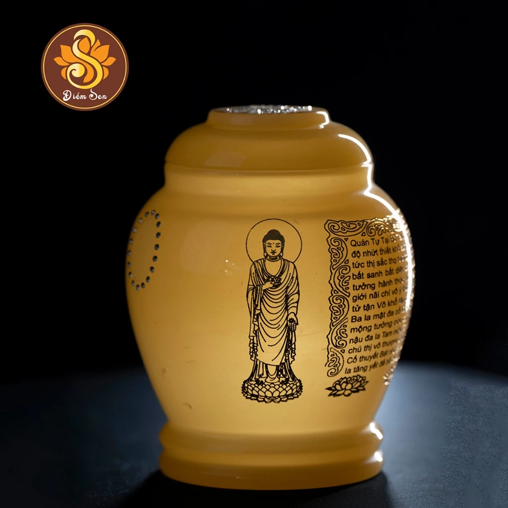 HŨ CỐT ĐÁ BẦU BÁT NHÃ TÂM KINH ADIDA NẮP CHỮ VẠN - VÀNG