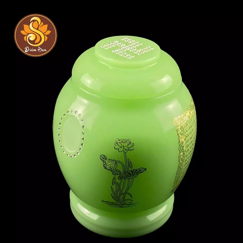 HŨ CỐT ĐÁ BẦU BÁT NHÃ TÂM KINH HOA SEN NẮP CHỮ VẠN - XANH